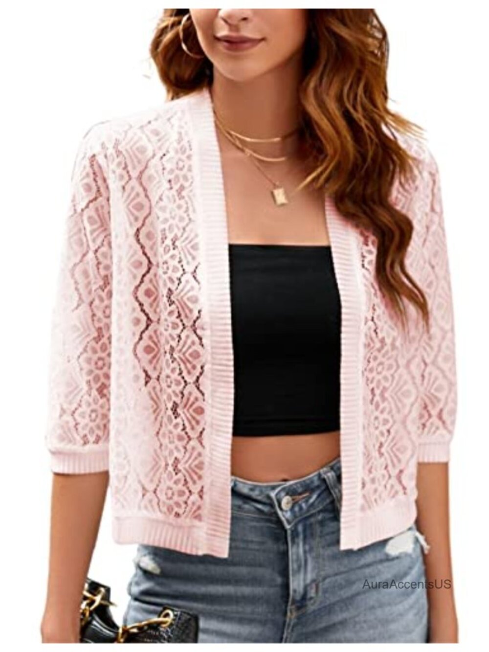 Women's Lace Shrug Cardigan 3/4 Sleeve Open Front Summer Cover Up
